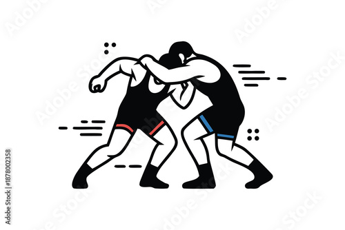 Freestyle Wrestling Athletes Grappling Illustration of Two Wrestlers in a Takedown Match Vector

