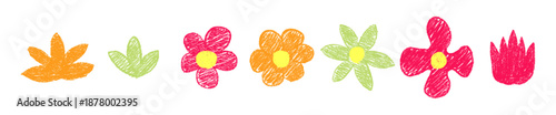 Hand drawn crayon color brush stroke flowers. Pencil doodle flowers. Vector EPS 10
