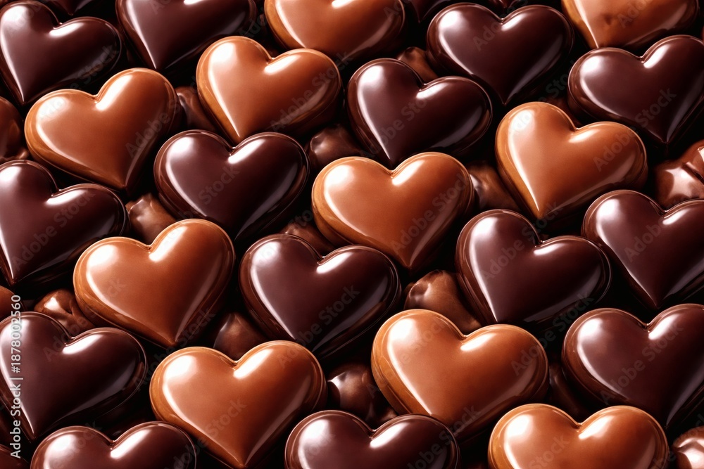 Fototapeta premium Milk and dark chocolate heart-shaped candies arranged in a dense repeating pattern.
