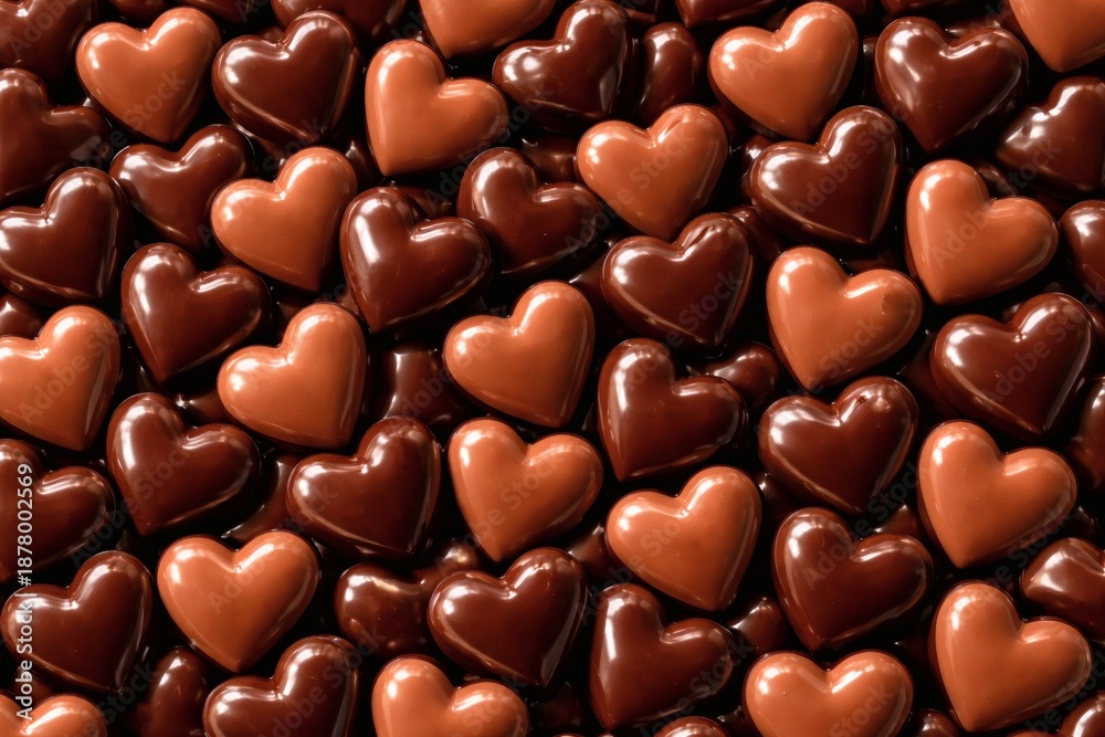 Fototapeta premium Chocolate heart candies filling the frame in a repeating pattern.