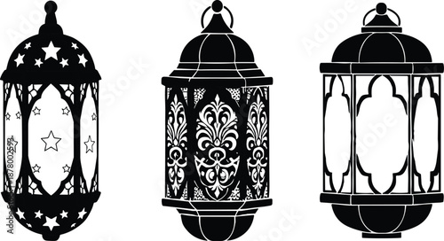 Vector Collection of Three Ornate Silhouette Lanterns with Intricate Geometric Patterns and Star Cutouts for Ramadan Kareem and Eid Mubarak Islamic Holiday Graphic Design