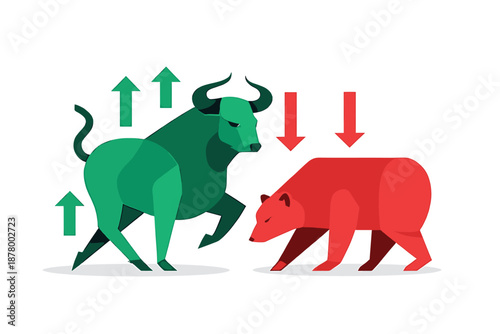 Bull and bear market conflict: a dynamic representation of global stock exchange trends on white background.