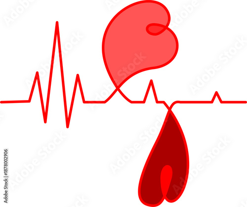 Continuous Line Art of Heartbeat Pulse with Falling Heart  Cardiac Arrest, Unconsciousness or Death Concept