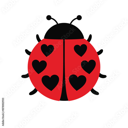 Cute red ladybug with black heart shaped spots vector illustration icon in flat cartoon style isolated