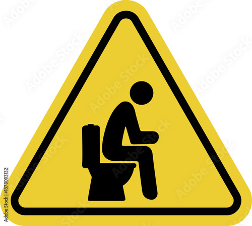 A person sitting on a toilet. Sanitary zone or special rules for using the toilet. Maintaining hygiene. Yellow warning road sign.
