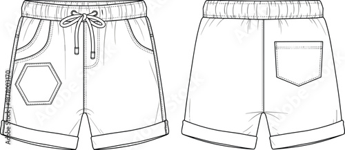 Vector Fashion Flat Sketch of Men's Casual Shorts Featuring an Elastic Waistband with Drawstring Front Pockets with Hexagonal Patch Detail and a Single Back Square Pocket