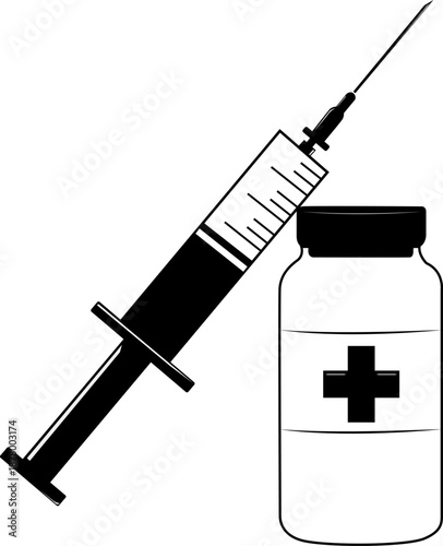 A vial of medication and a syringe. Medication treatment. Preparing for an injection. Vaccination. Using medications.