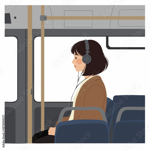 Flat Color Illustration of a Woman Listening Music on a Bus Ride
