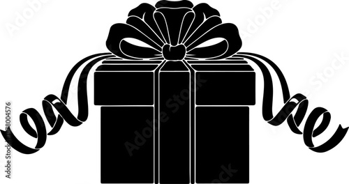 Elegant silhouette of a classic gift box adorned with a decorative bow and curling ribbons, symbolizing celebration and generosity