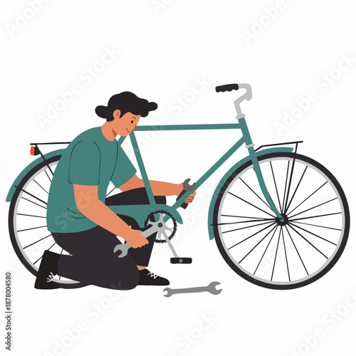 Modern Flat Style Young Man Repairing Bicycle on The Street Illustration