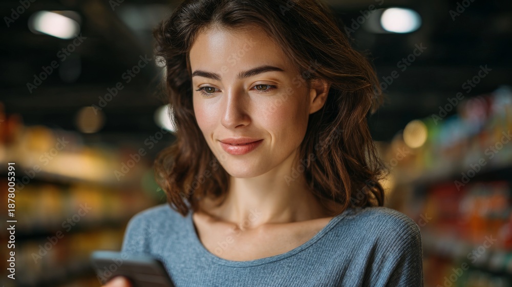 custom made wallpaper toronto digitalA woman looking at a smartphone in a supermarket aisle