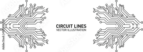 Mirrored Circuit Line Illustration with Central Label, Symmetrical PCB Traces, and Circular Nodes in Stylized Electronic Design Layout