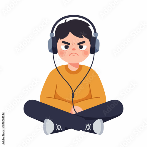 Flat Character Upset Boy with Headphone Ignoring Music Illustration