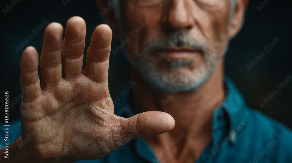 Fototapeta premium A man's hand extended forward, displaying a gesture of halt or caution. The focus is on the hand, with the face of a man with mature features and a thoughtful expression visible in the background