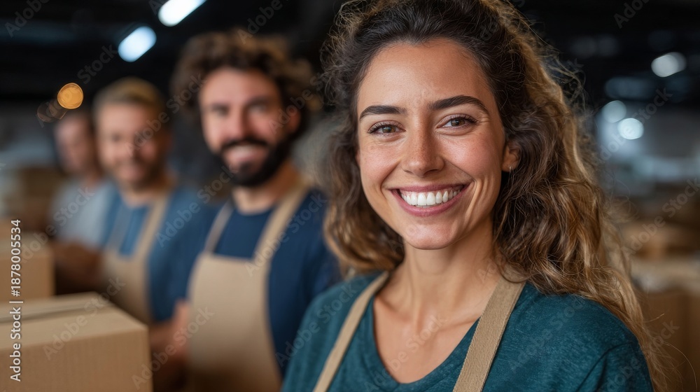 Obraz premium Warehouse workers smiling and looking directly at the camera while working hard with boxes. The workers wear aprons and look proud