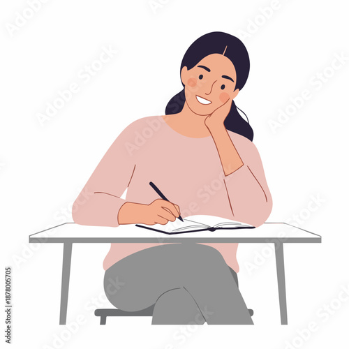 Flat Style Sad Woman Writing Diary on Desk Illustration