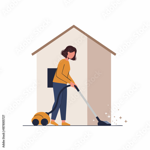 Minimalist Flat Illustration Woman Vacuuming House Dust Cleaning Service