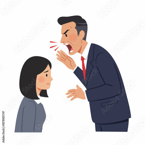 Flat Design Angry Boss Yelling at Unhappy Female Employee Illustration