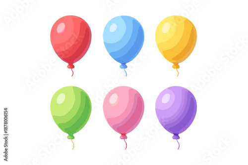 Collection of six colorful balloons floating against a white background