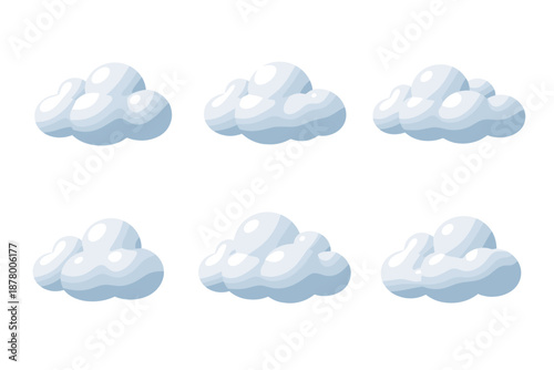 Collection of six fluffy cartoon clouds on a white background, perfect for weather themes