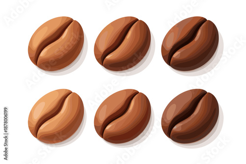 Six realistic coffee beans arranged in two rows on a white background