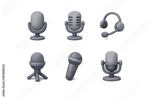 Collection of six different microphone icons and a headset with microphone on a white background