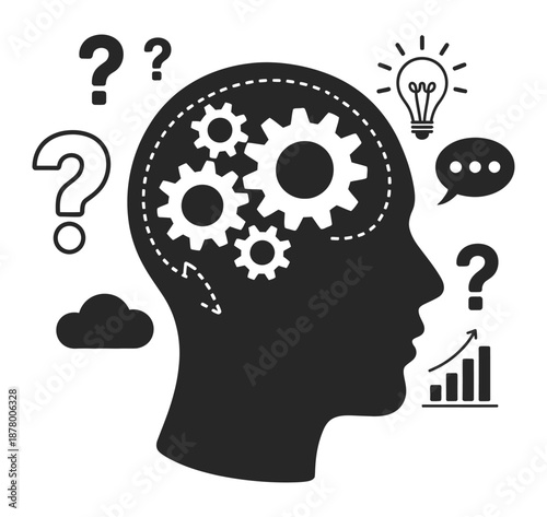 Human head with gears  thought process, inner mind mechanisms concept, problem solving, creativity, innovation, psychology, intelligence, mental health awareness, brain function