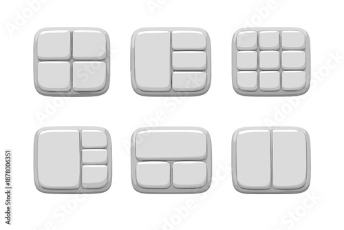Set of six different UI layout icons with rounded corners and gray shading
