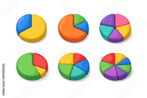 Collection of colorful cartoon pie charts illustrating data segmentation and analysis