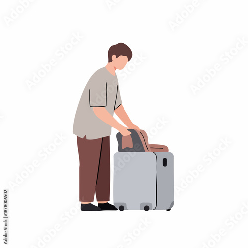 Flat Illustration of Young Man Packing Luggage for Holiday Vacation Trip