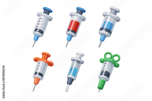 Collection of colorful cartoon syringes with different colored liquids and plungers
