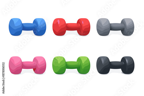 Collection of colorful dumbbells for fitness and exercise, isolated on white background