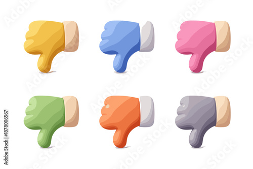 Collection of six colorful thumbs down icons with different shades and cartoonish style