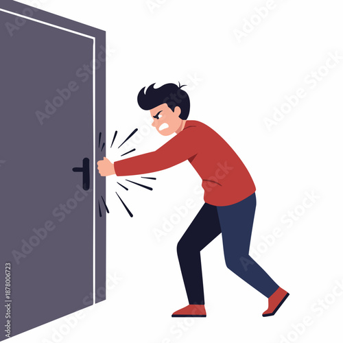 Flat Character Frustrated Man Trying to Open Stuck Door Illustration
