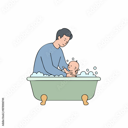 Simple Cartoon Father Bathtime with Baby in Bathtub Illustration