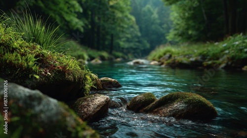 A serene river flowing through a lush green forest