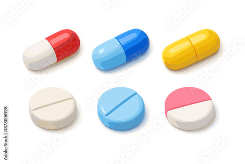 Collection of colorful pills and capsules isolated on a white background