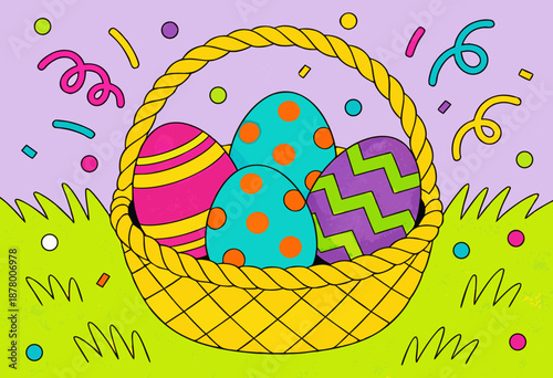 colorful easter basket with decorated eggs on grass with festive confetti and purple background