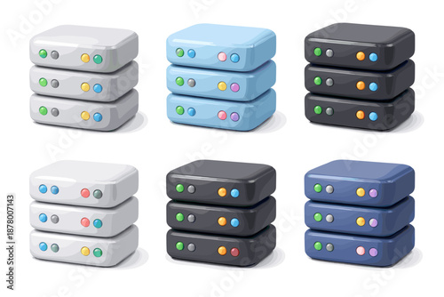 Set of stacked server racks with colorful indicator lights on white background