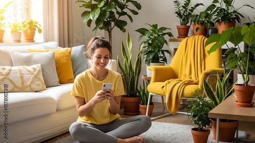 Young woman relaxing in cozy, plant-filled living room