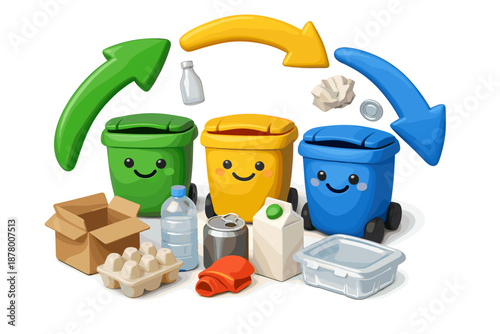 Cute cartoon recycling bins and various waste items with arrows indicating a cycle