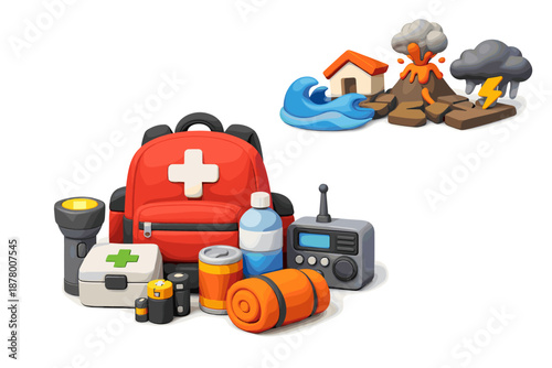 Emergency preparedness kit with survival gear and natural disaster icons