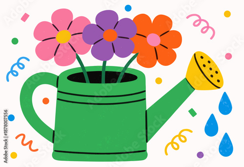 bright watering can with colorful flowers and confetti in a festive garden setting
