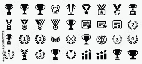 Winning vector icons, featuring trophies, medals, awards, ribbons, and stars, clean vector illustrations for success, victory, competitions, sports events, and achievement graphics