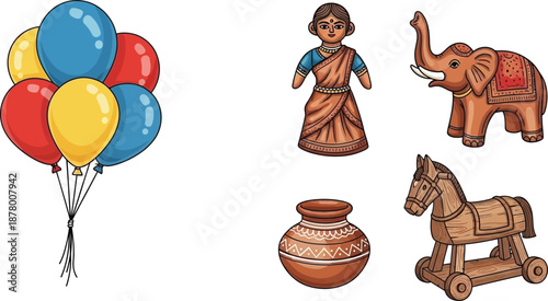 Colorful bundle of helium balloons traditional indian wooden toys clay pottery isolated vector illustration design element