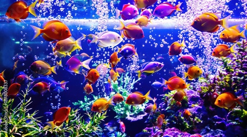 Vivid scene of colorful fish swimming amid bubbles in an aquarium with aquatic plants