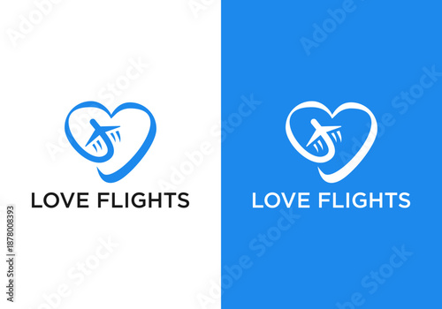 Love flight logo design template. Vector travel agency logo. Heart and love logo design with location marker and airplane design with vector icon graphic symbols.