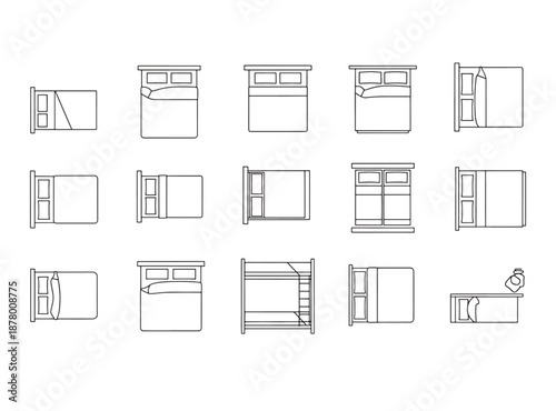 Bed Outline Top View Vector Icons – Floor Plan Furniture for Interior Design