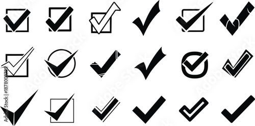 Collection of checkmark and checkbox icons isolated on transparent background