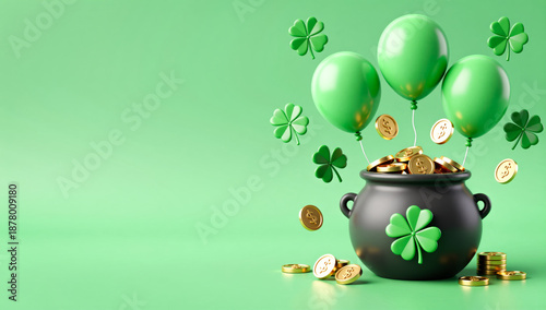 Saint Patricks Day green balloons with gold pot of coins and clover lucky celebration background copy space march festive holiday greeting card irish shamrock